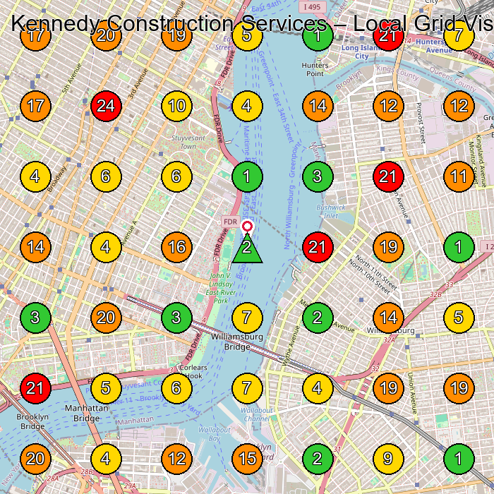 Kennedy Construction Services General Contractor GeoGrid ranking map for Brooklyn NY